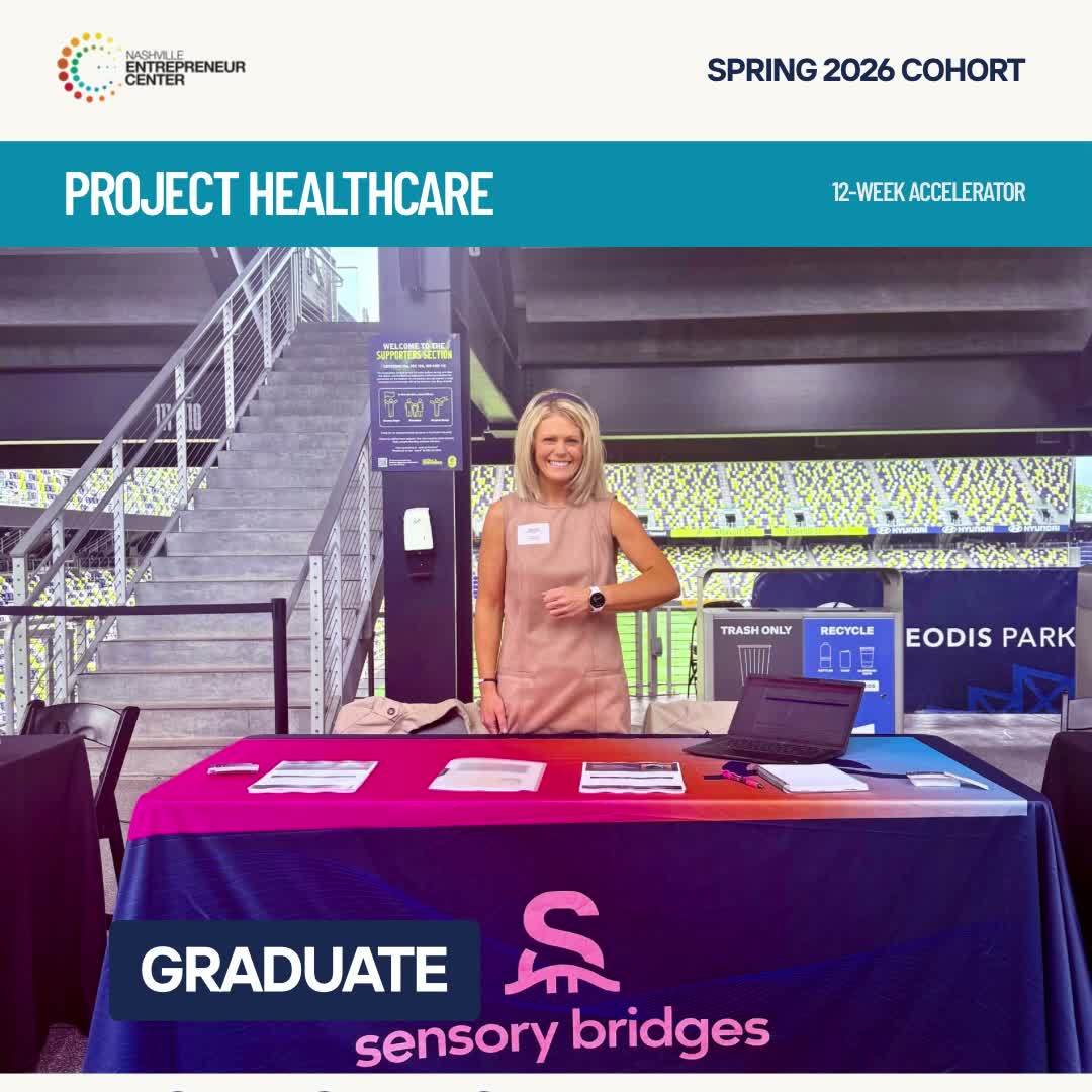 Megan Cales at the Nashville Entrepreneur Center Project Healthcare accelerator, wearing the Brooks Band