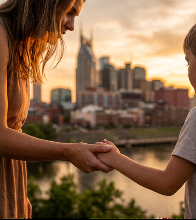 A parent and child holding hands at sunset over the Nashville skyline